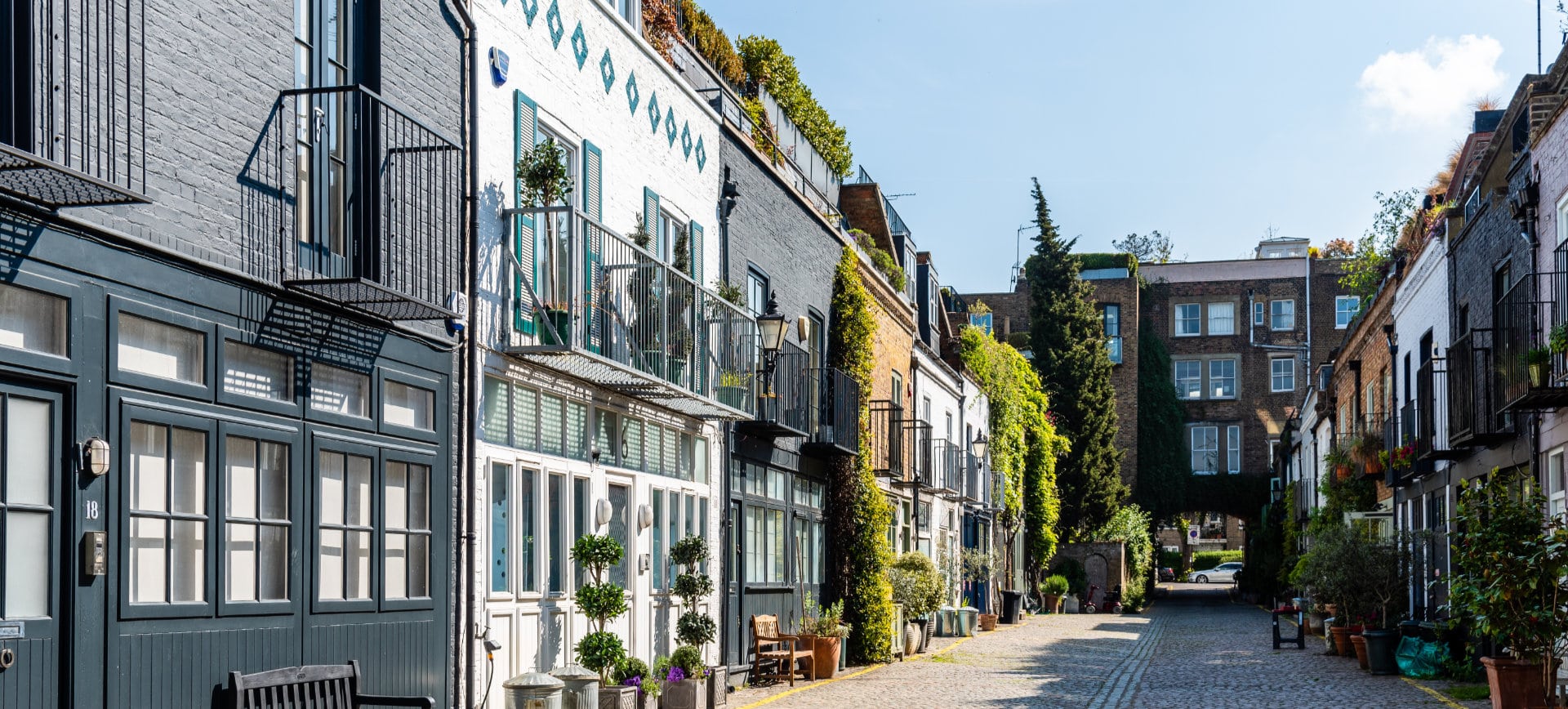 View of the picturesque St Lukes Mews alley in London